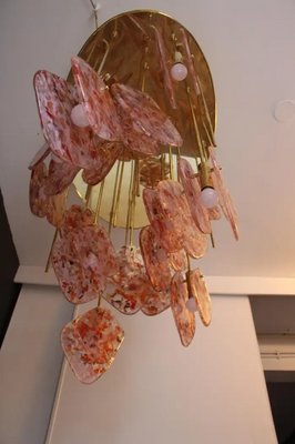 Mid-Century Italian Modern Brass and Pink Glass Chandelier, 2000s-YF-1723274