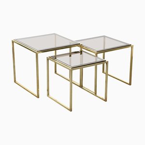 Mid-Century Italian Modern Chrome and Brass Smoked Glass Nesting Tables, 1970s, Set of 3-JDR-1125979