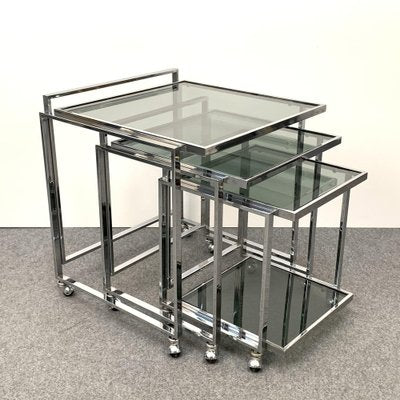 Mid-Century Italian Modern Chrome & Smoked Glass Nesting Tables, 1970s, Set of 3-JDR-1125959