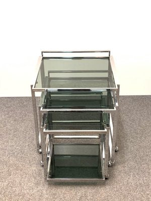 Mid-Century Italian Modern Chrome & Smoked Glass Nesting Tables, 1970s, Set of 3-JDR-1125959