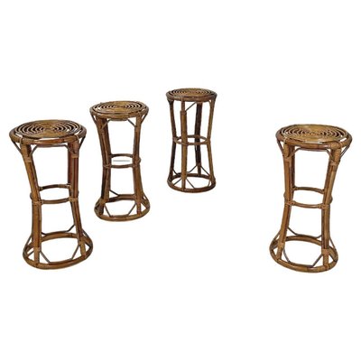 Mid-Century Italian Modern Round Rattan High Bar Stools, 1960s, Set of 4-GDD-1784812