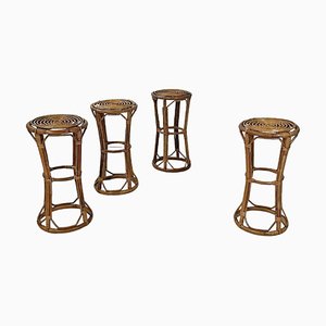 Mid-Century Italian Modern Round Rattan High Bar Stools, 1960s, Set of 4-GDD-1784812