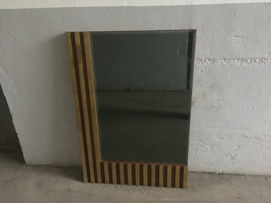 Mid-Century Italian Modern Wall Cut-Edge Smoked Mirror With Wood & Brass Sectional Frame, 1970s-DHH-1186493