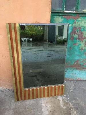 Mid-Century Italian Modern Wall Cut-Edge Smoked Mirror With Wood & Brass Sectional Frame, 1970s-DHH-1186493