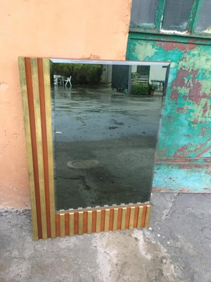 Mid-Century Italian Modern Wall Cut-Edge Smoked Mirror With Wood & Brass Sectional Frame, 1970s-DHH-1186493