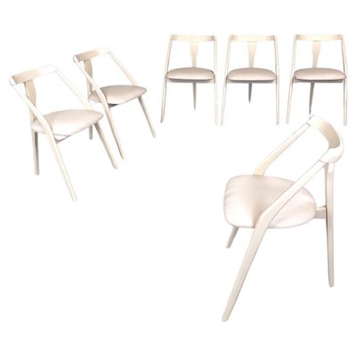 Mid-Century Italian Modern White Wood and Fabric Chairs, 1960s, Set of 6-GDD-1793372