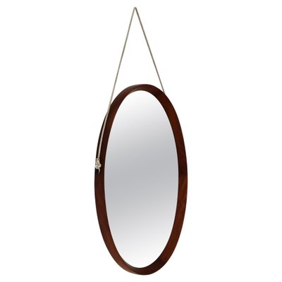 Mid-Century Italian Oval Teak Wall Mirror with Cord Hanging, 1960s-VNE-981523