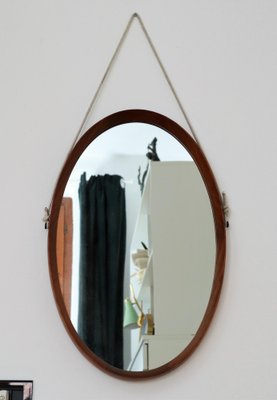 Mid-Century Italian Oval Teak Wall Mirror with Cord Hanging, 1960s-VNE-981523