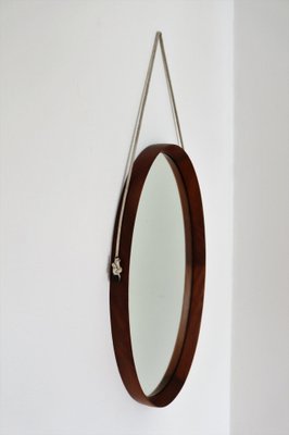 Mid-Century Italian Oval Teak Wall Mirror with Cord Hanging, 1960s-VNE-981523