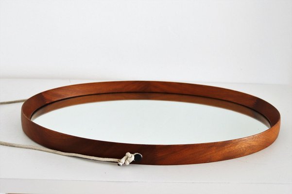 Mid-Century Italian Oval Teak Wall Mirror with Cord Hanging, 1960s-VNE-981523