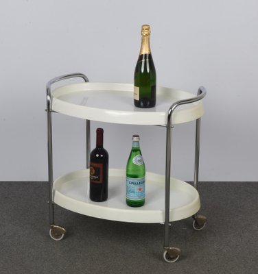 Mid-Century Italian Oval White Plastic and Metal Chrome Bar Cart, 1950s-JDR-1125643