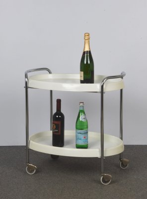 Mid-Century Italian Oval White Plastic and Metal Chrome Bar Cart, 1950s-JDR-1125643