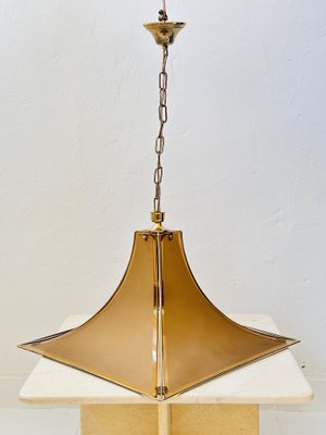 Mid-Century Italian Pagoda Pendant with Brass and Curved Smoked Glass from Esperia, 1970s-NOT-1817914