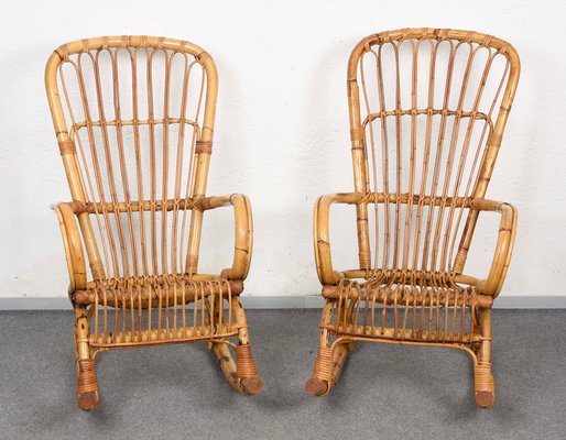 Mid-Century Italian Rattan & Bamboo Rocking Chairs, 1960s, Set of 2-JDR-1125892