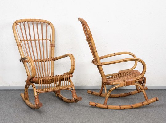 Mid-Century Italian Rattan & Bamboo Rocking Chairs, 1960s, Set of 2-JDR-1125892