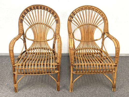 Mid-Century Italian Rattan & Bamboo Sofa, Armchairs & Coffee Table, 1960s, Set of 4-JDR-1126051