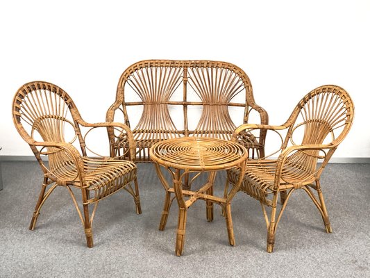 Mid-Century Italian Rattan & Bamboo Sofa, Armchairs & Coffee Table, 1960s, Set of 4-JDR-1126051