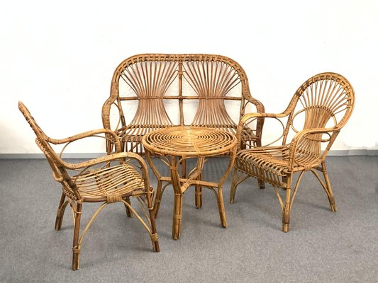 Mid-Century Italian Rattan & Bamboo Sofa, Armchairs & Coffee Table, 1960s, Set of 4-JDR-1126051