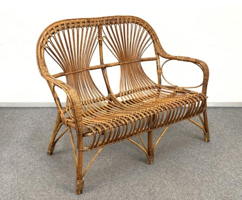 Mid-Century Italian Rattan & Bamboo Sofa, Armchairs & Coffee Table, 1960s, Set of 4-JDR-1126051