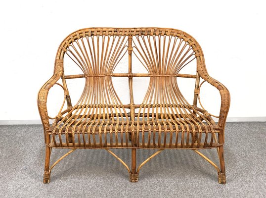 Mid-Century Italian Rattan & Bamboo Sofa, Armchairs & Coffee Table, 1960s, Set of 4-JDR-1126051