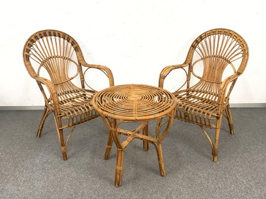 Mid-Century Italian Rattan & Bamboo Sofa, Armchairs & Coffee Table, 1960s, Set of 4-JDR-1126051