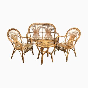 Mid-Century Italian Rattan & Bamboo Sofa, Armchairs & Coffee Table, 1960s, Set of 4-JDR-1126051