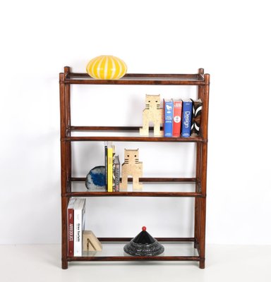 Mid-Century Italian Rattan Bookcase with 4 Crystal Glass Shelves, 1960s-JDR-1125654