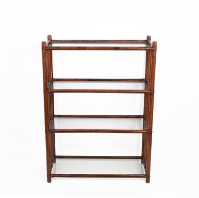 Mid-Century Italian Rattan Bookcase with 4 Crystal Glass Shelves, 1960s-JDR-1125654