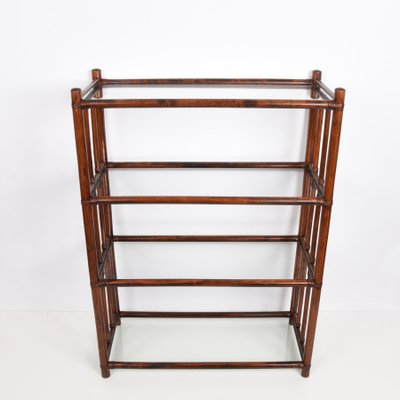 Mid-Century Italian Rattan Bookcase with 4 Crystal Glass Shelves, 1960s-JDR-1125654