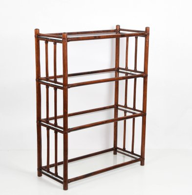 Mid-Century Italian Rattan Bookcase with 4 Crystal Glass Shelves, 1960s-JDR-1125654