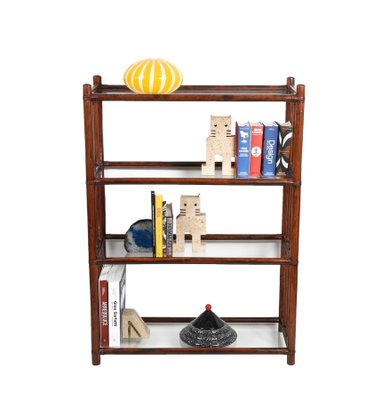 Mid-Century Italian Rattan Bookcase with 4 Crystal Glass Shelves, 1960s-JDR-1125654