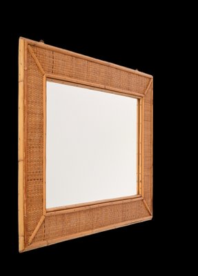 Mid-Century Italian Rectangular Mirror with Bamboo and Woven Wicker Frame, 1970s-JDR-1267655