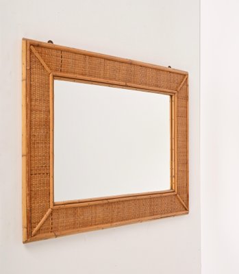 Mid-Century Italian Rectangular Mirror with Bamboo and Woven Wicker Frame, 1970s-JDR-1267655