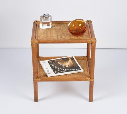 Mid-Century Italian Rectangular Two-Tiers Bamboo and Rattan Side Table, 1970s-JDR-1251102