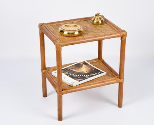 Mid-Century Italian Rectangular Two-Tiers Bamboo and Rattan Side Table, 1970s-JDR-1251102