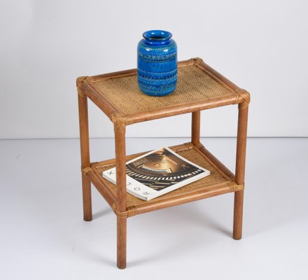 Mid-Century Italian Rectangular Two-Tiers Bamboo and Rattan Side Table, 1970s-JDR-1251102