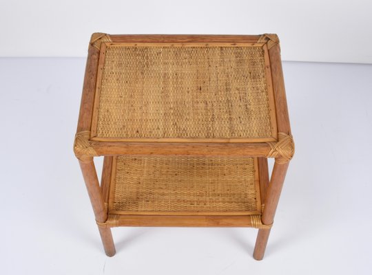 Mid-Century Italian Rectangular Two-Tiers Bamboo and Rattan Side Table, 1970s-JDR-1251102