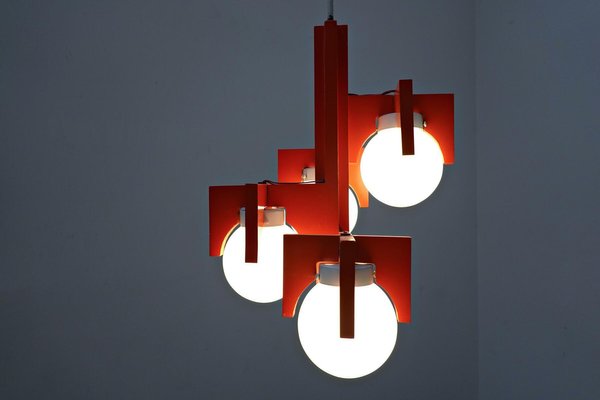 Mid-Century Italian Red Lacquered Wood and Opaline Suspension Light, 1970s-FGA-1147497