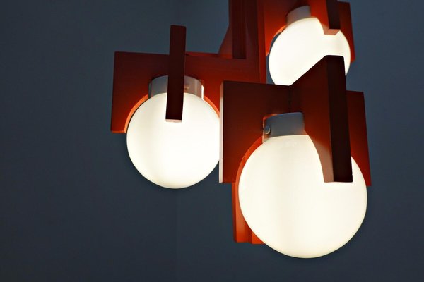 Mid-Century Italian Red Lacquered Wood and Opaline Suspension Light, 1970s-FGA-1147497