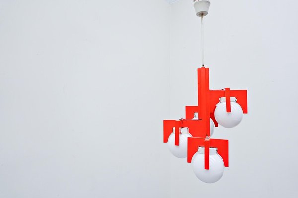 Mid-Century Italian Red Lacquered Wood and Opaline Suspension Light, 1970s-FGA-1147497