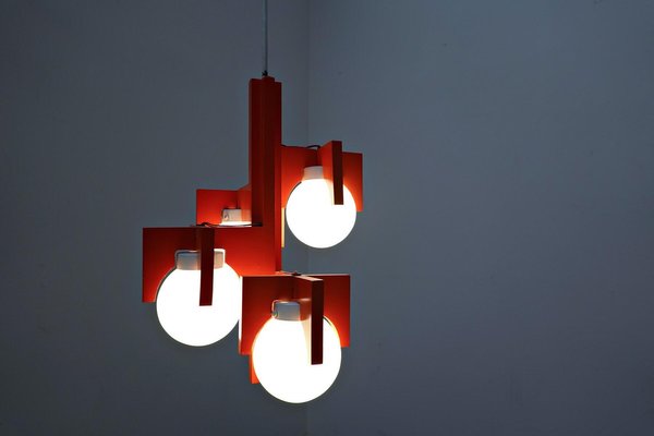 Mid-Century Italian Red Lacquered Wood and Opaline Suspension Light, 1970s-FGA-1147497