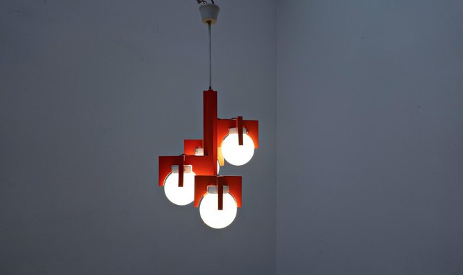 Mid-Century Italian Red Lacquered Wood and Opaline Suspension Light, 1970s-FGA-1147497