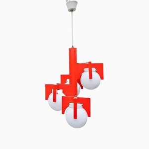 Mid-Century Italian Red Lacquered Wood and Opaline Suspension Light, 1970s-FGA-1147497