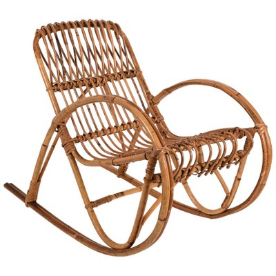 Mid-Century Italian Riviera Rattan and Bamboo Children's Rocking Chair, 1950s-JDR-1125451