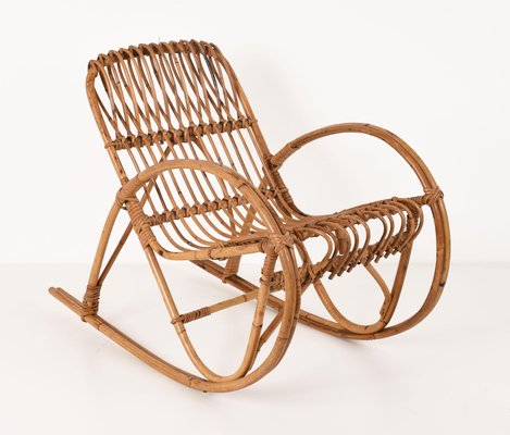 Mid-Century Italian Riviera Rattan and Bamboo Children's Rocking Chair, 1950s-JDR-1125451