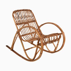 Mid-Century Italian Riviera Rattan and Bamboo Children's Rocking Chair, 1950s-JDR-1125451