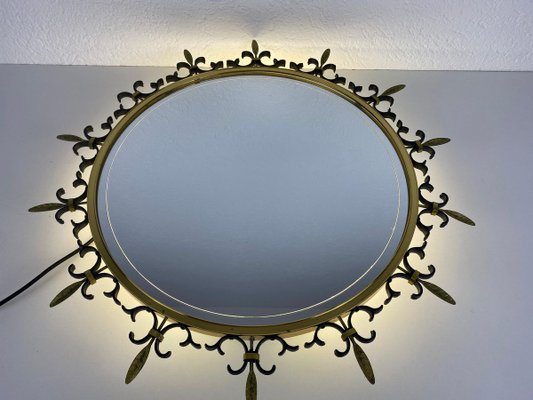 Mid-Century Italian Round Illuminated Brass Wall Mirror, Italy, 1960s-PUK-839034