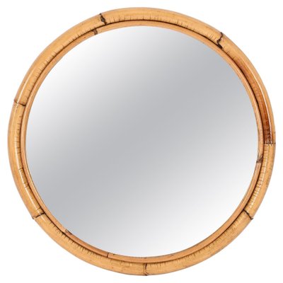 Mid-Century Italian Round Mirror with Double Bamboo and Cane Frame, 1970s-JDR-1343289