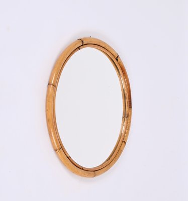 Mid-Century Italian Round Mirror with Double Bamboo and Cane Frame, 1970s-JDR-1343289