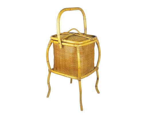 Mid-Century Italian Rush and Rattan Work Basket, 1950s-RD-1722465